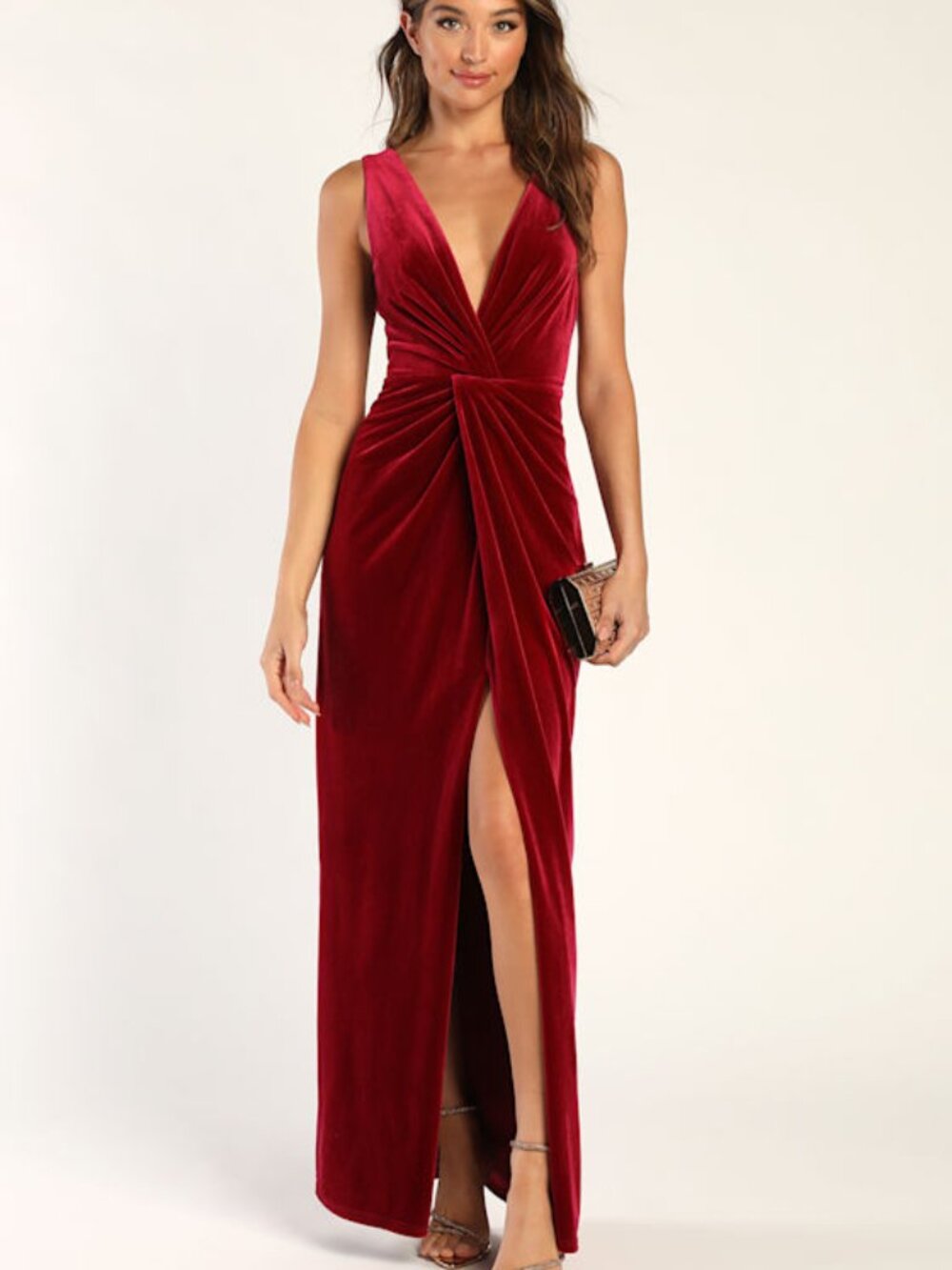 Lulus Beautiful Evenings Magenta Velvet Twist-front Maxi Dress Red - Size XS